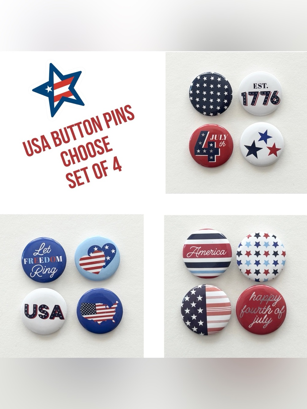 Patriotic USA Button Pin Set - Red, White & Blue (Set of 4 pins 1” each)